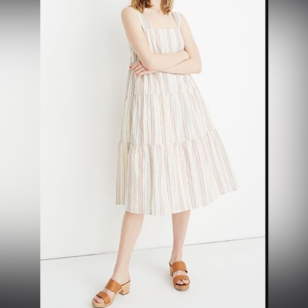 Madewell Button Back Tiered Rainbow Stripe Dress Size 4 Tall